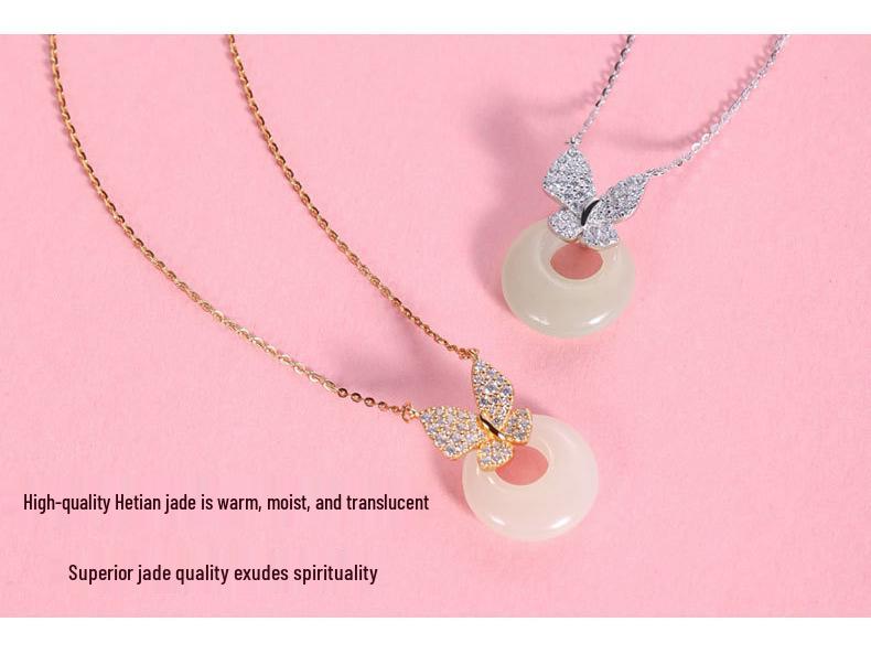Trendy Pure Silver Butterfly Necklace with Hetian Jade Pendant - Women's Light Luxury Clavicle Chain