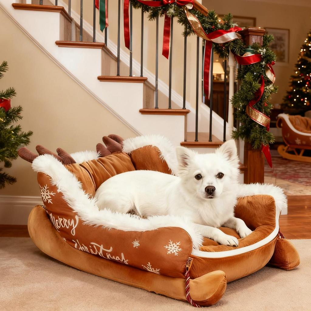 Sleigh Bed For Dogs Warm Christmas Pet Sofa Holiday Winter Dog Nest For Pet Parents Animal Lovers Cold Weather Home Office