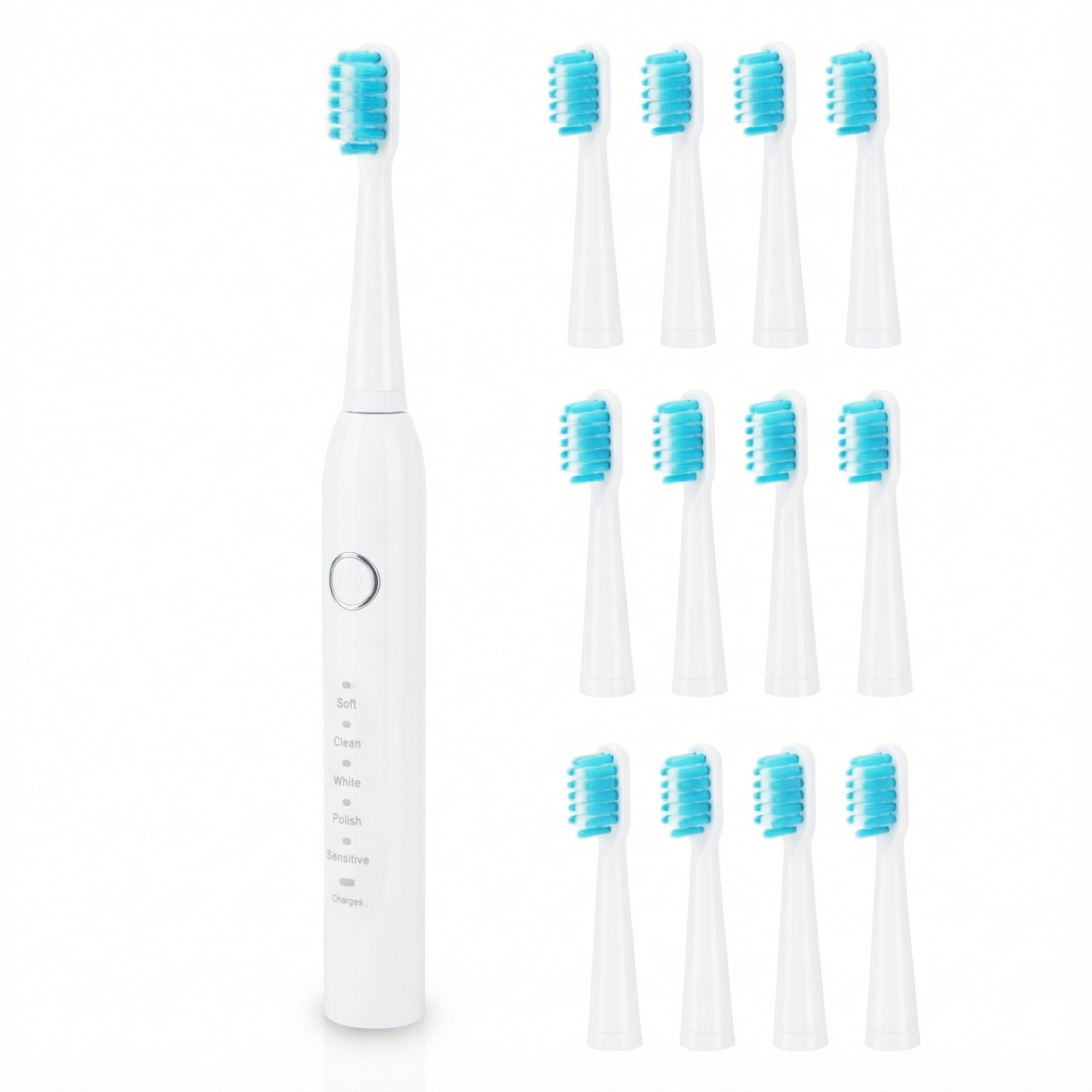 

YSN Sonic Toothbrush Clear with 12 Replacement Brush Heads Included 5 Auto Timer USB for Plaque Periodontal and Whitening (White) Modes,