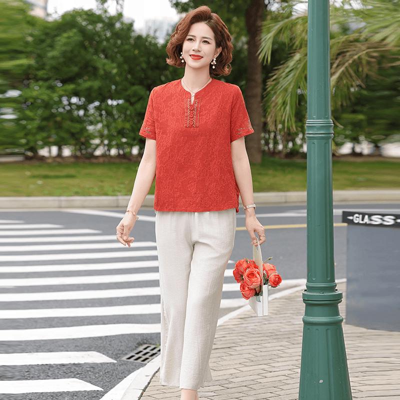 Yuzhaolin Women's Elegant Embroidered Short Sleeve Top