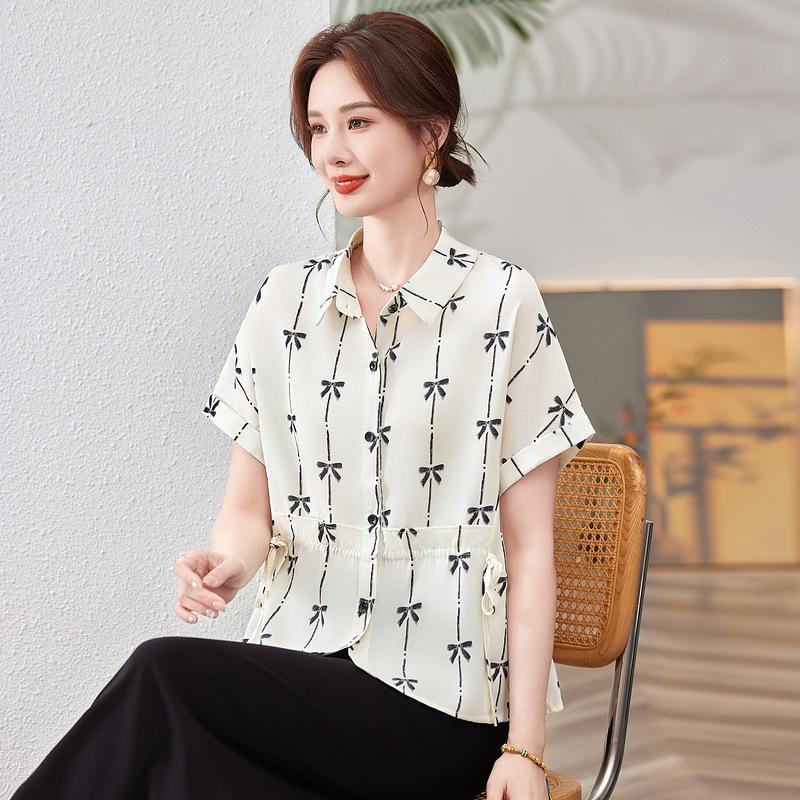 

Plus Size Retro Chiffon Top: Belly-Concealing, Waist-Slimming, Short Sleeve, Casual Summer T-Shirt 3XL (115-130 jin) абрикосовий