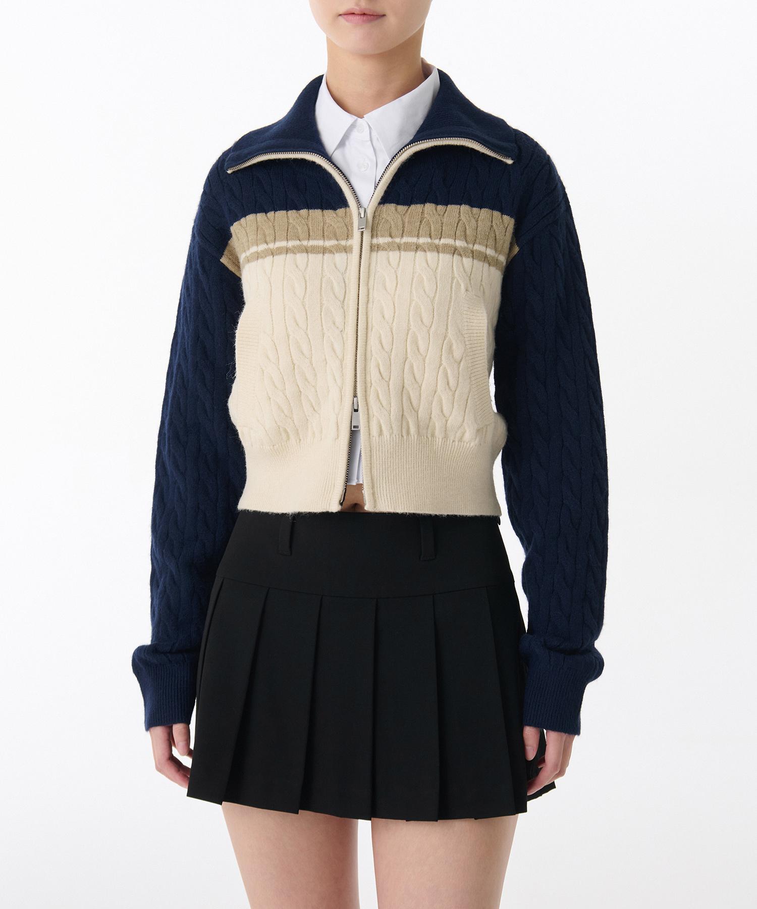 Musinsa Standard Woman Women S Color Block Cable Knit Zip-Up [Navy] Navy/S