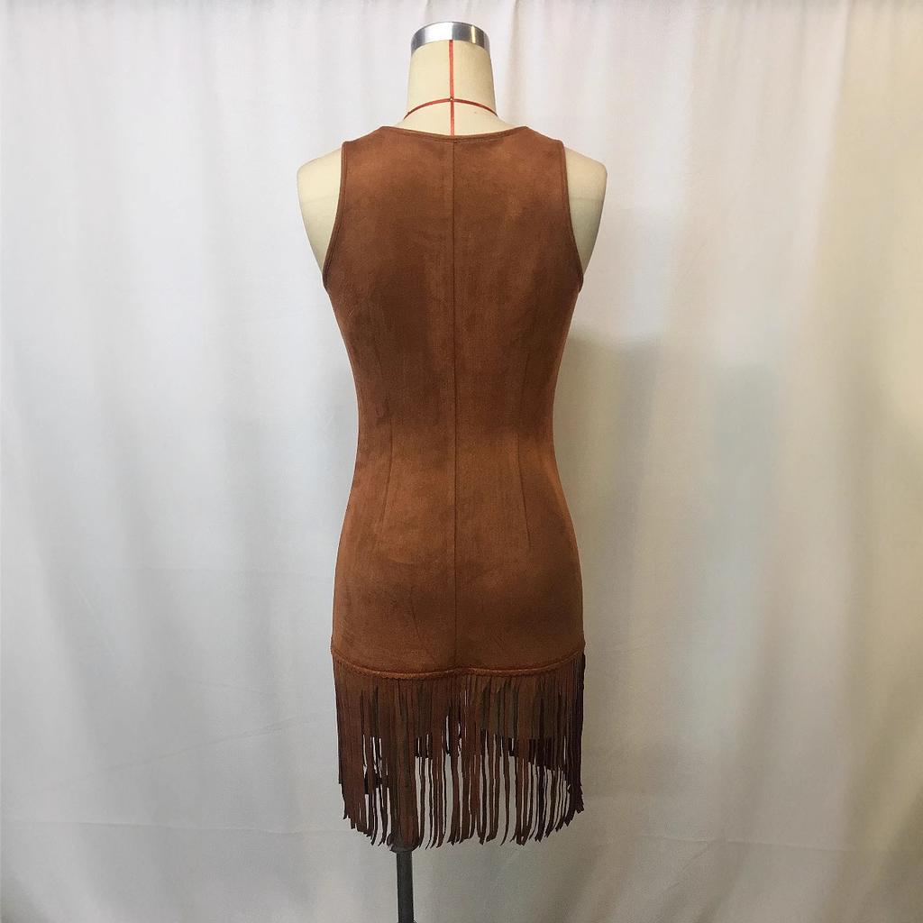 Women's Deep V Neck Sleeveless Fringe Tassel Mini Dress Western Cowgirl Slim Fit Button Down Bodycon Club Party Dress for Women