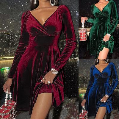 Vestido Feminino Europeu e Americano de Manga Longa com Decote em V para Primavera, Outono e Natal