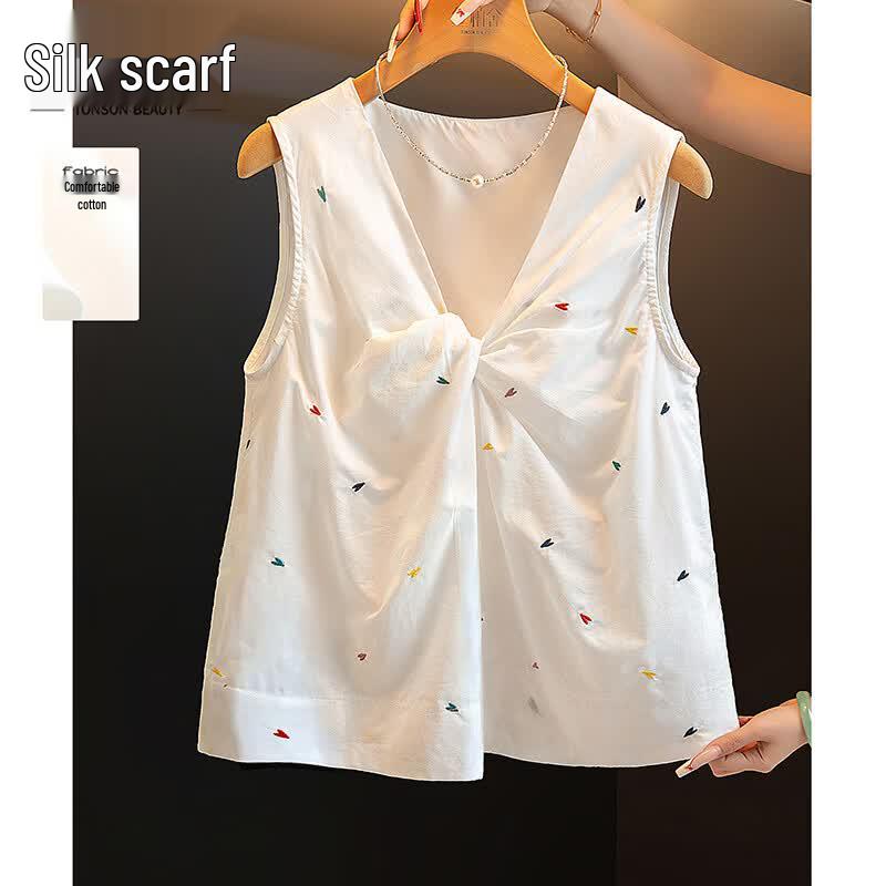 

Women s Heart Embroidered Twist Knot Sleeveless Cotton Blouse M