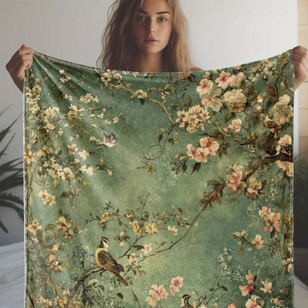 Retro Floral Bird Print Flannel Blanket - Soft And Comfortable, All-Season Use, Suitable for Sofa, Bed, Car, Office, Camping, And Travel, Green Backgr