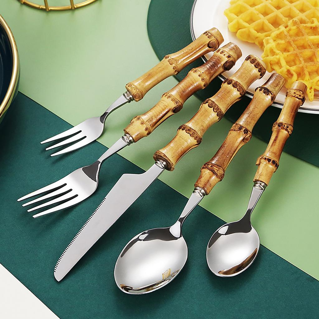 24Pcs Creative Dinnerware Sets Bamboo Handle Stainless Steel Flatware Set Knife Fork Spoon Tableware Set Luxury Cutlery Rack