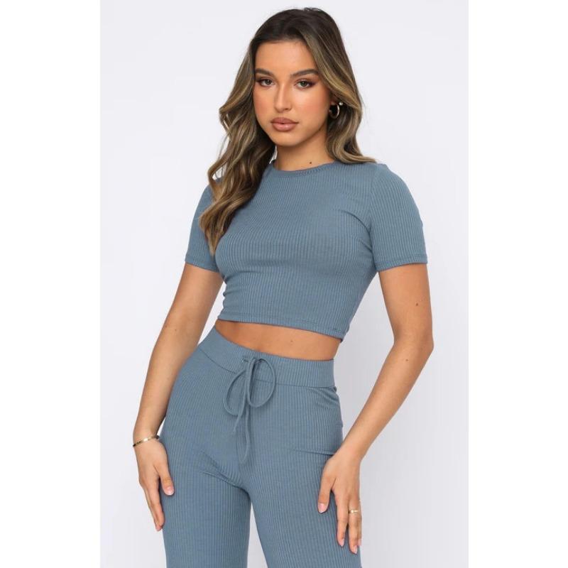 Fashion Casual Suit Women's Solid Colour High Stretch Shaping Short Sleeve Pit Stripe Wide Leg Pants Suit