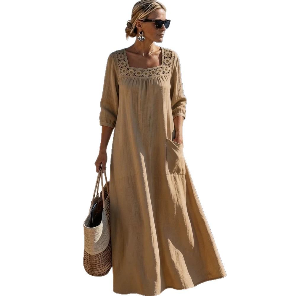 New Style Solid Color Square Neck Lace Patchwork Long Skirt Dress with Seven-Sleeves for Women