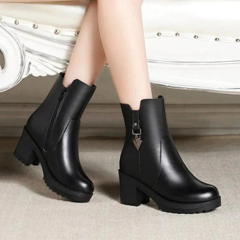 Casual Chunky Heel Cotton Shoes Women's Warm Non-slip Mother Shoes Mid-calf Thick Bottom Winter Boots 2024 New Botas Mujer