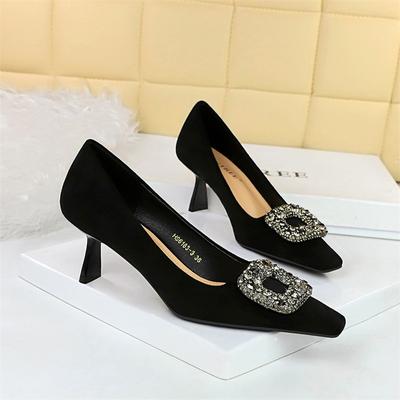 2024 Fashion Party Women Pumps Thin High Heels Flock Shallow Mouth Square Toe Metal Crystal Buckle Single Shoes Black