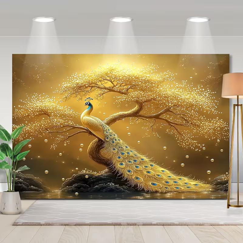 2D Elegant Gold Peacock Tapestry, Golden Bonsai Tree with Sparkling Bubbles Backdrop Cloth for Room Decor