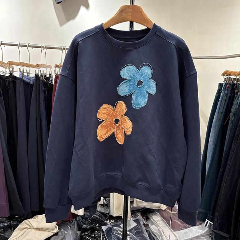 Damtröja med vinrött blommönster, rundhalsad, avslappnad, lös passform, pullover, rund hals, trendig