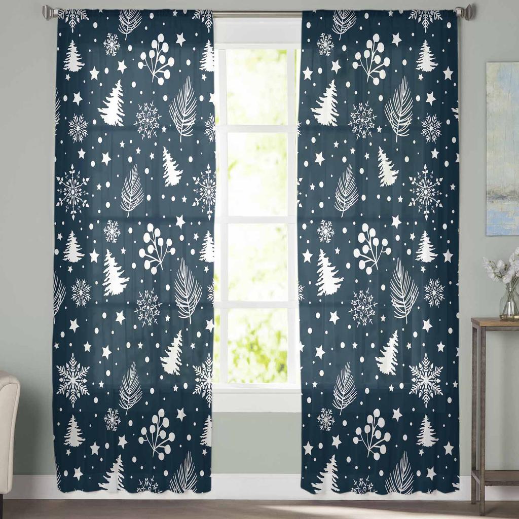 Christmas Hand Drawn Sketch Curtains For Living Room Bedroom Home Decoration Window Voile Tulle Curtain Drapes