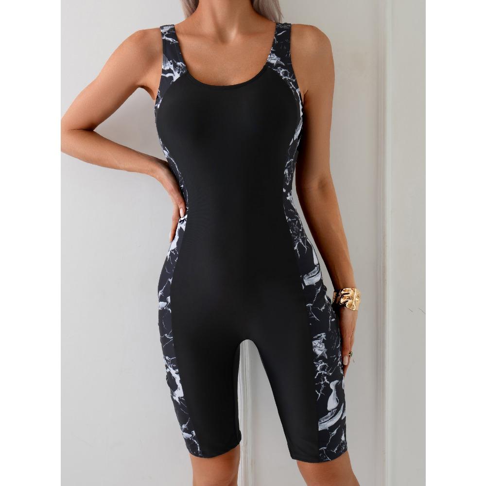 European and American One-piece Swimwear Printed Splicing Conservative Sports Tight Competitive Swimsuit