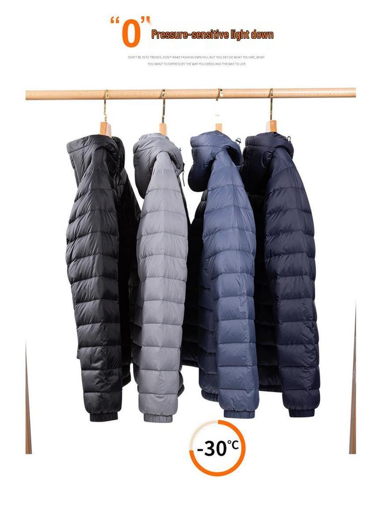 Men's Lightweight Hooded Down Jacket 2025 – Short Style, Stand-Up Collar, Trendy Winter White Duck Down Outerwear