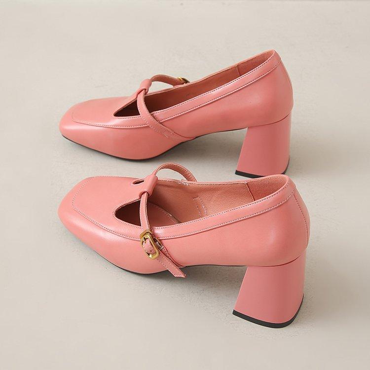 

[youshilai] Pink thick heel square head single shoes women s 2025 spring and summer new light heel Mary Jane shoes 40