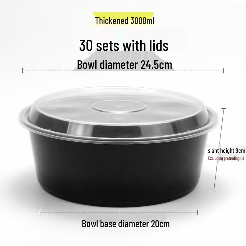 3000ml Disposable Black Round Food Containers with Clear Lids