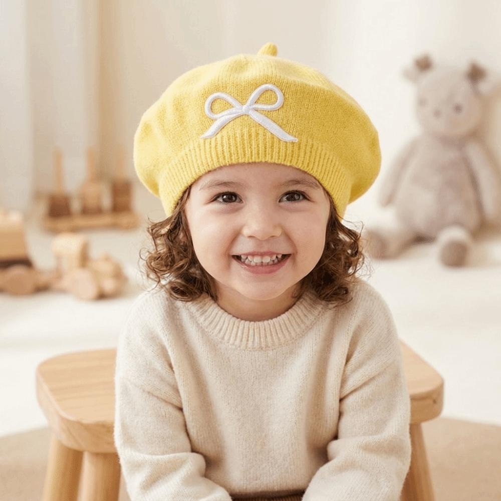 Soft Children Knitted Beret Elastic Beanie Cap Stylish Bow Embroidery Painter Hat  Gift