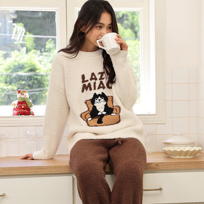 Half fleece pajamas women's suit cute animal Christmas red fleece thickened lazy comfortable loungewear winter