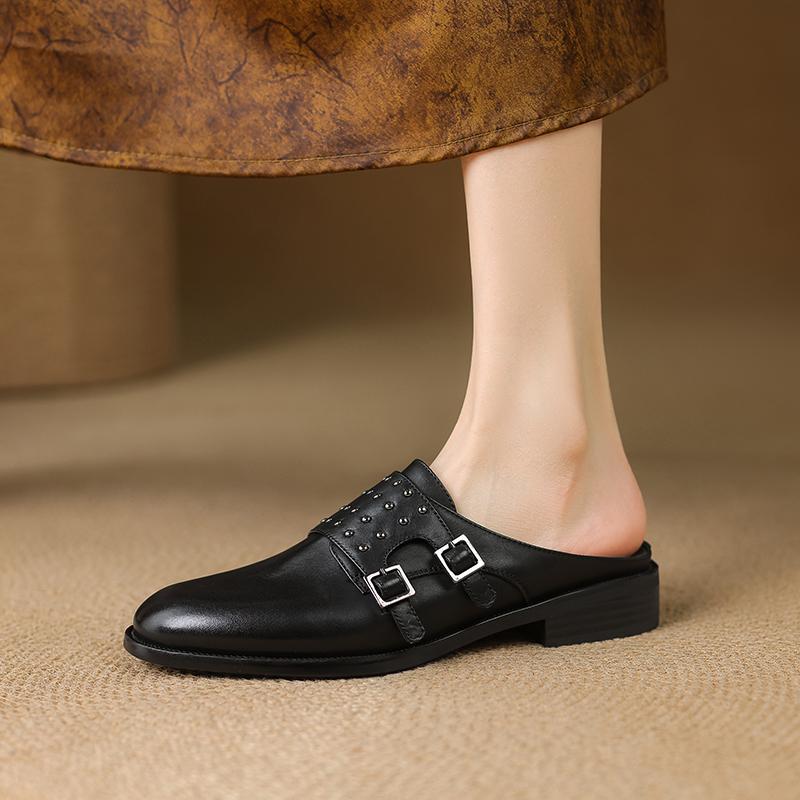 Fashion 2025 New Ladies Retro Slippers Round Toe Shoes Women High Heel Shoes Women Heel Mule Shoes Fashion Buckle Leather Slippers Women
