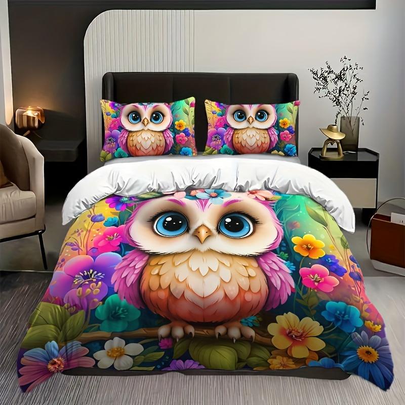 2/3pcs Duvet Cover Set (1 Duvet Cover + 1/2 PillowcaseWithout Core)3D Cartoon Cute Owl Printed Bedding Set for Bedroom