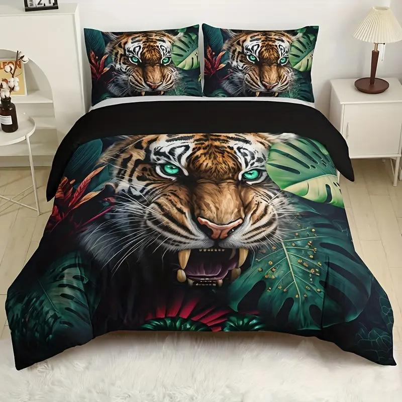 Duvet Cover, Tiger Tropical Plant Kit, Three-Piece Set, Bedding, All-Season Quilt Cover