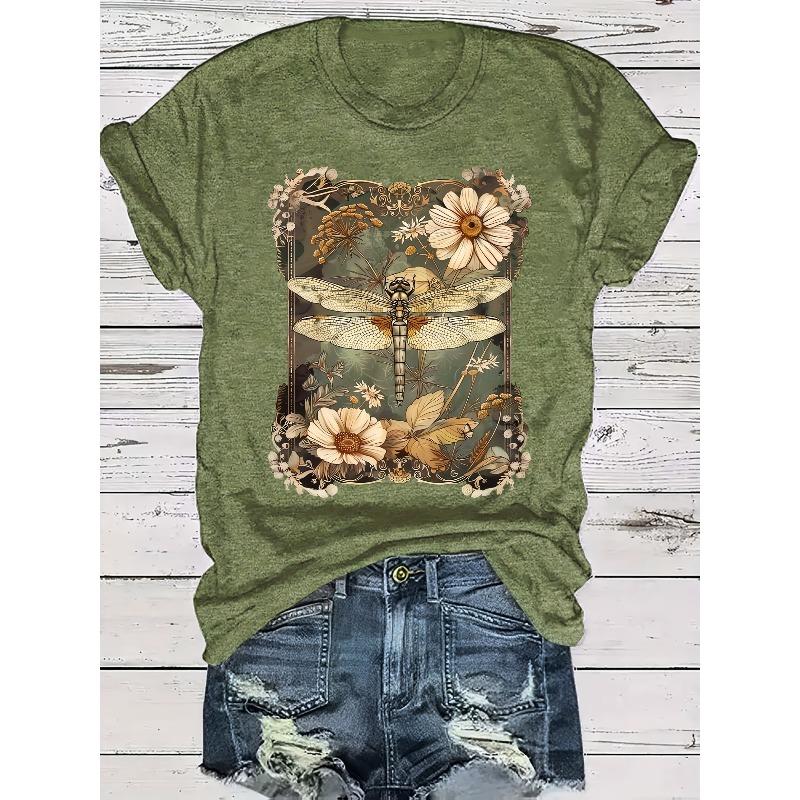 Dragonfly Floral Print Women S Summer Outfit Combined Version Round Neck T-Shirt S зелёный