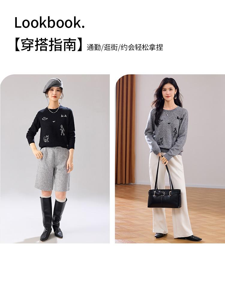 Winter New Round Neck Fun Embroidered Pattern Artistic Style Loose Women's Wool Sweater with Cashmere Included