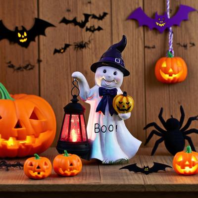 Solární socha ducha Pryskyřičná figurka ducha se solárním lucernovým světlem Osvětlená socha ducha pro Halloween Vnitřní zahrada Patio Veranda Dekorace