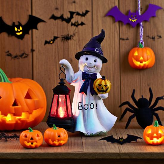 Ghost Statue Resin Ghost Figurine with Solar Powered Lantern Lighted