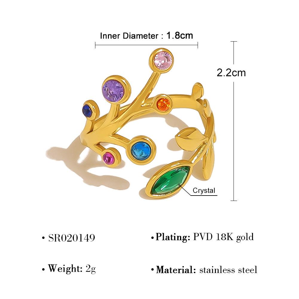 2025 Neuer Regenbogen Zirkon Blattring Damen Titanstahl Verstellbare Öffnung Mode Charme Schmuck Zubehör