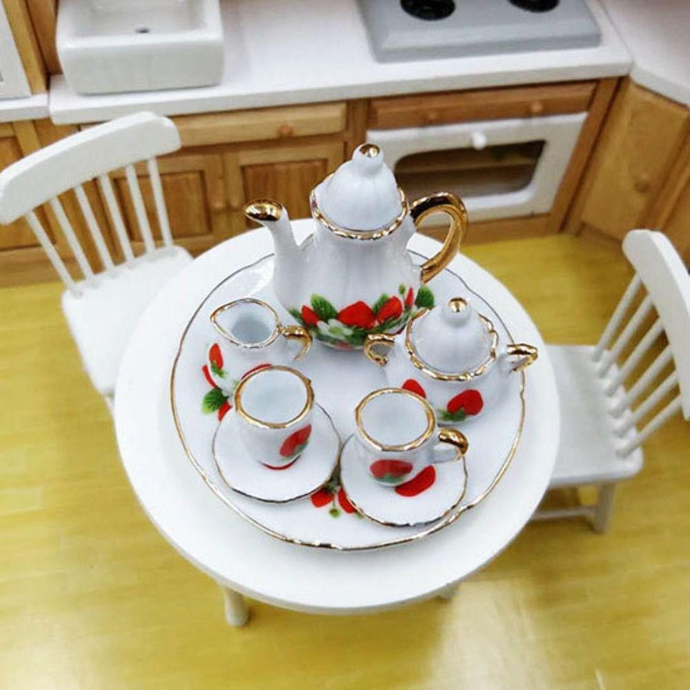 Dish Plate Doll Porcelain Tea Set Floral Print Miniature Cups Pot Pretend Play