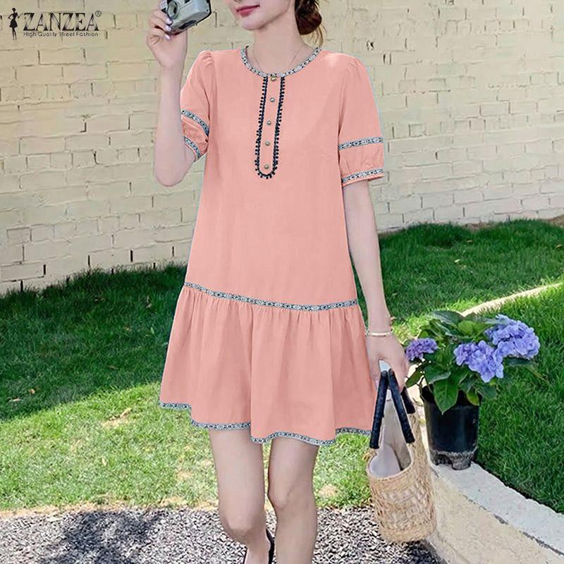 ZANZEA Kadın Rahat Yuvarlak Yaka Yaz Kısa Kollu Elbise