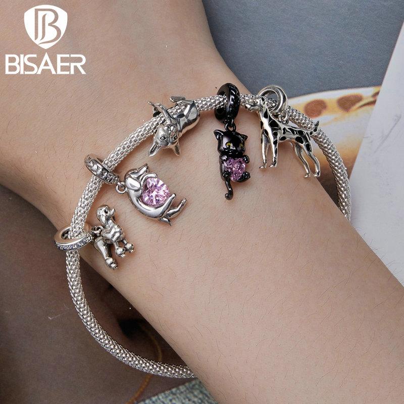 BISAER Plata 925 Encanto Lindo Perro Cuentas Perro Salchicha Mascota Animal Colgante Chapado en Platino Apto Mujeres Pulsera DIY Joyería Fina