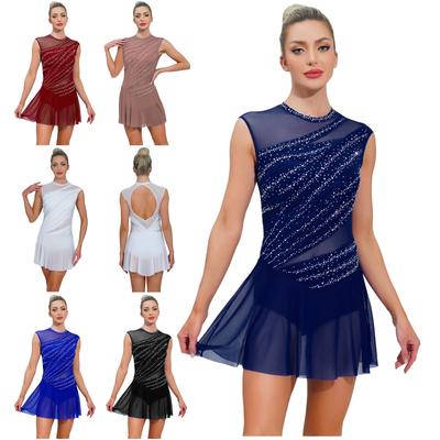 Vestido de Dança Lirica de Ballet Franzido Feminino Gola Redonda Sem Mangas Strass Sem Costas para Competição de Apresentação de Palco