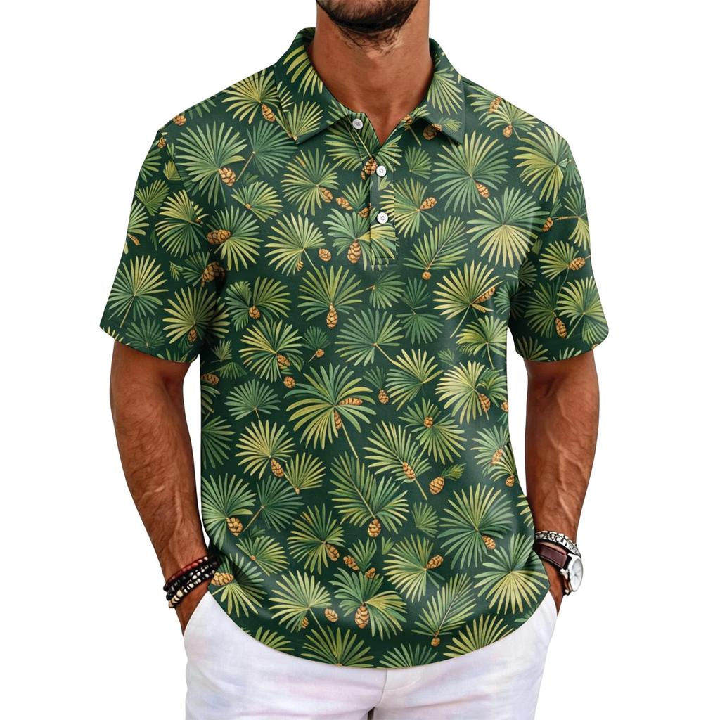 Men's Short Sleeve Polo Shirt Hawaiian Style Loose Fit Casual Top Button Down Collar Soft Fabric All Over Print Design