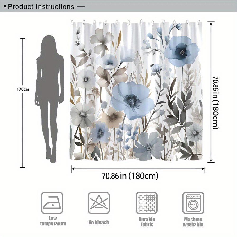 1 Elegant Blue And White Floral Shower Curtain - Polyester Fabric, Watercolor Style Delicate Blooming Flowers With Hook