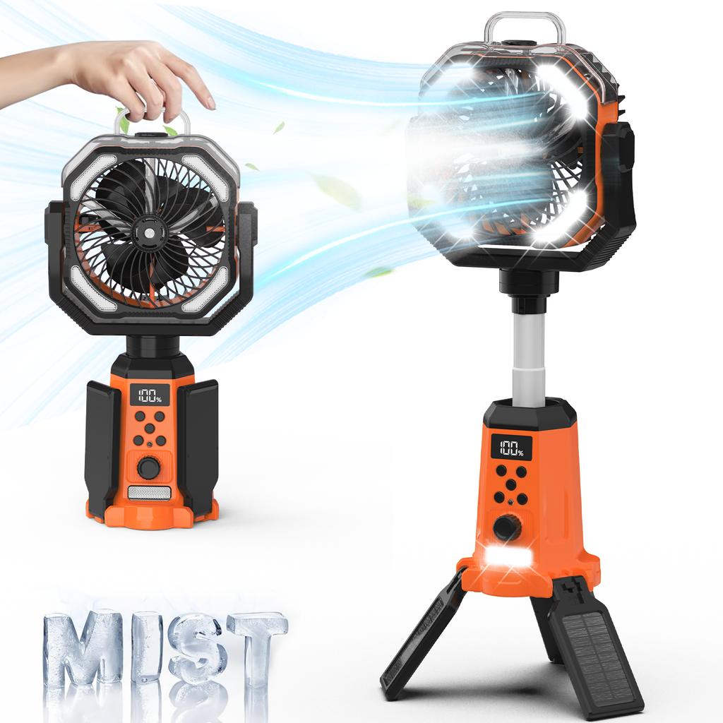 Camping spray fan, a portable fan with adjustable-height stand, powered by a 20,000mAh rechargeable battery, featuring remote control, LED light,