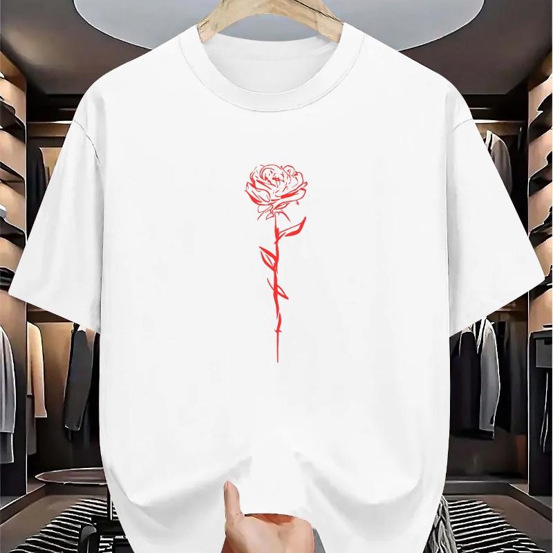 Herren Sommer Kurzarm Rundhals T-Shirt - Lässiges Sportswear Layering Basic Shirt, Geometrischer Rosenprint,