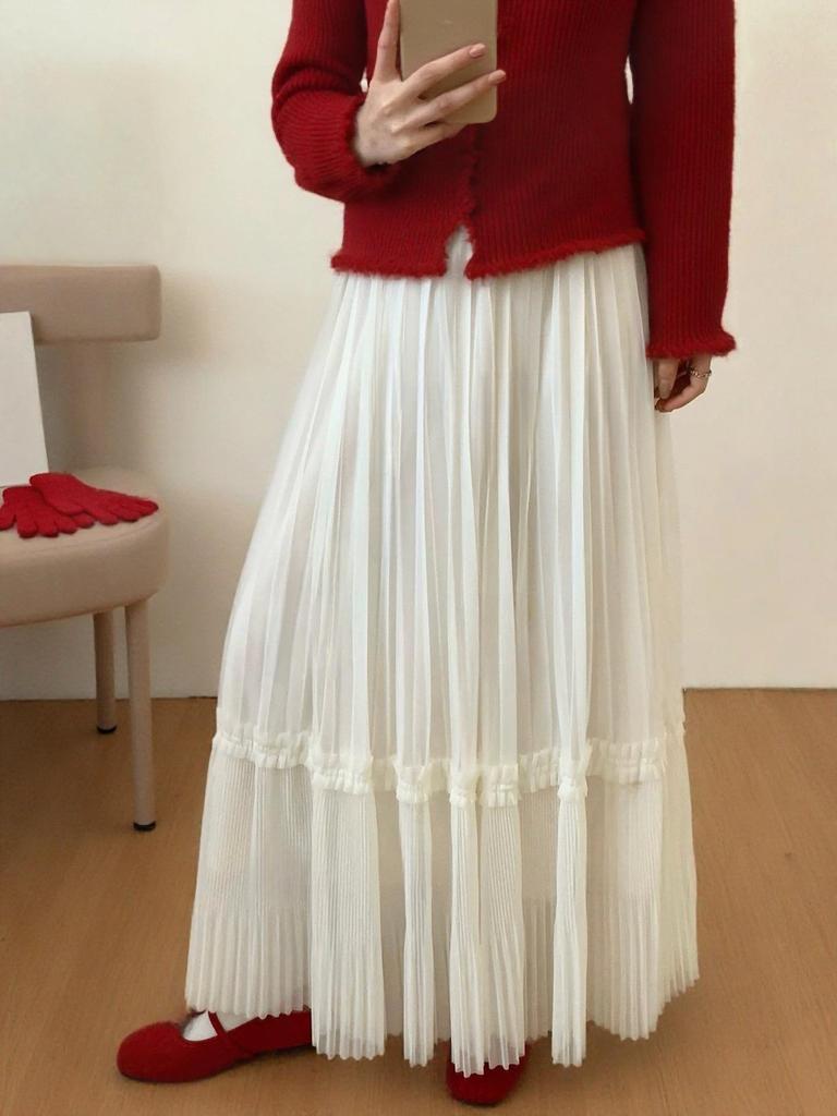 2026 Spring Korean-Style Women's Sweet High-Waist A-Line Pleated Mesh Skirt