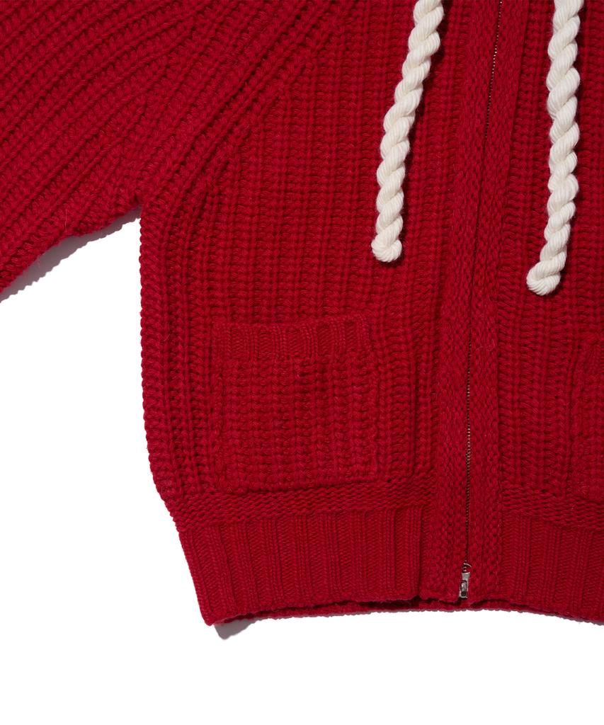 Youhee Rope Hood Zip-Up Knit Red