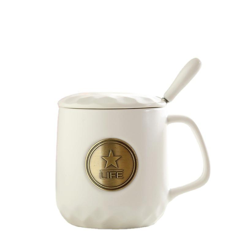 Ceramic Coffee Mermaid Copper Stamp Xingba Wind Ceramic Cup With Lid Spoon