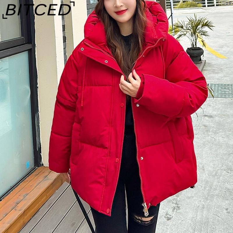 BITCED Plus Size Thickened Cotton Coat Women's Fall/Winter A-Line Loose Fit Puffer Jacket Warm Cotton-Lined Hooded Outerwear