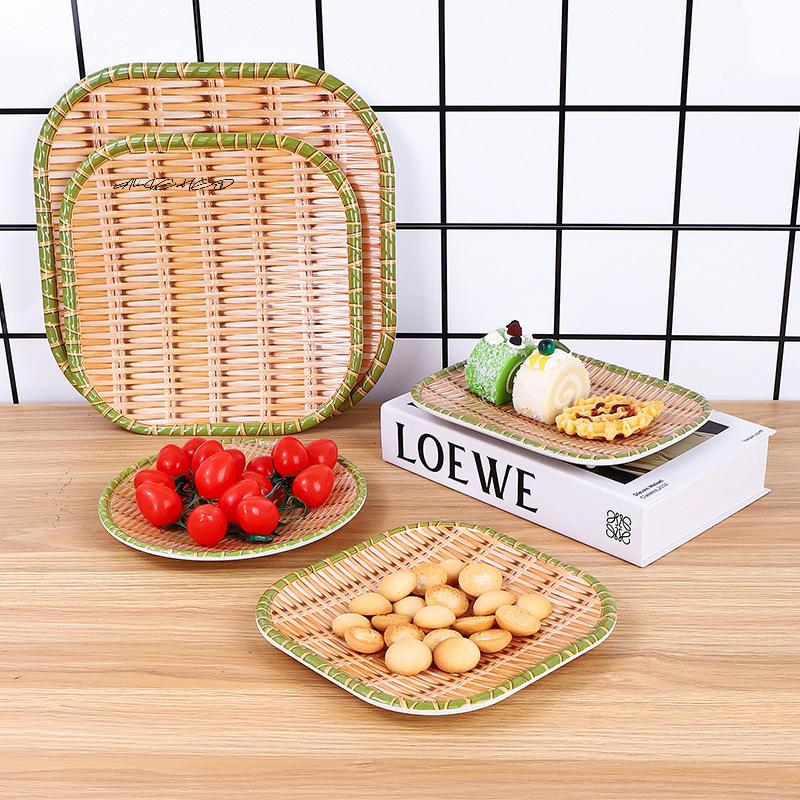 Bamboo Weaving Melamine Hot Pot Vegetable Plate Green Barbecue Serving Dish Multiple Styles for Restaurant Use