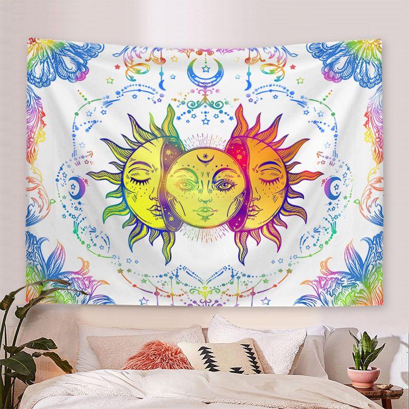 Rainbow Tri-Color Sun Moon Face Tapestry, Vibrant Wall Hanging Background Cloth for Bohemian Living Room Decor