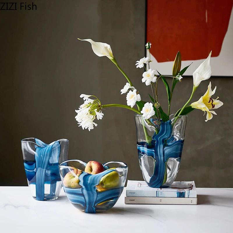 Blaue Wellenstreifen Glasvase Kreativer Blumentopf Tischdekoration Blumenarrangement Hydroponik Blumenvase Raum Ästhetische Dekoration