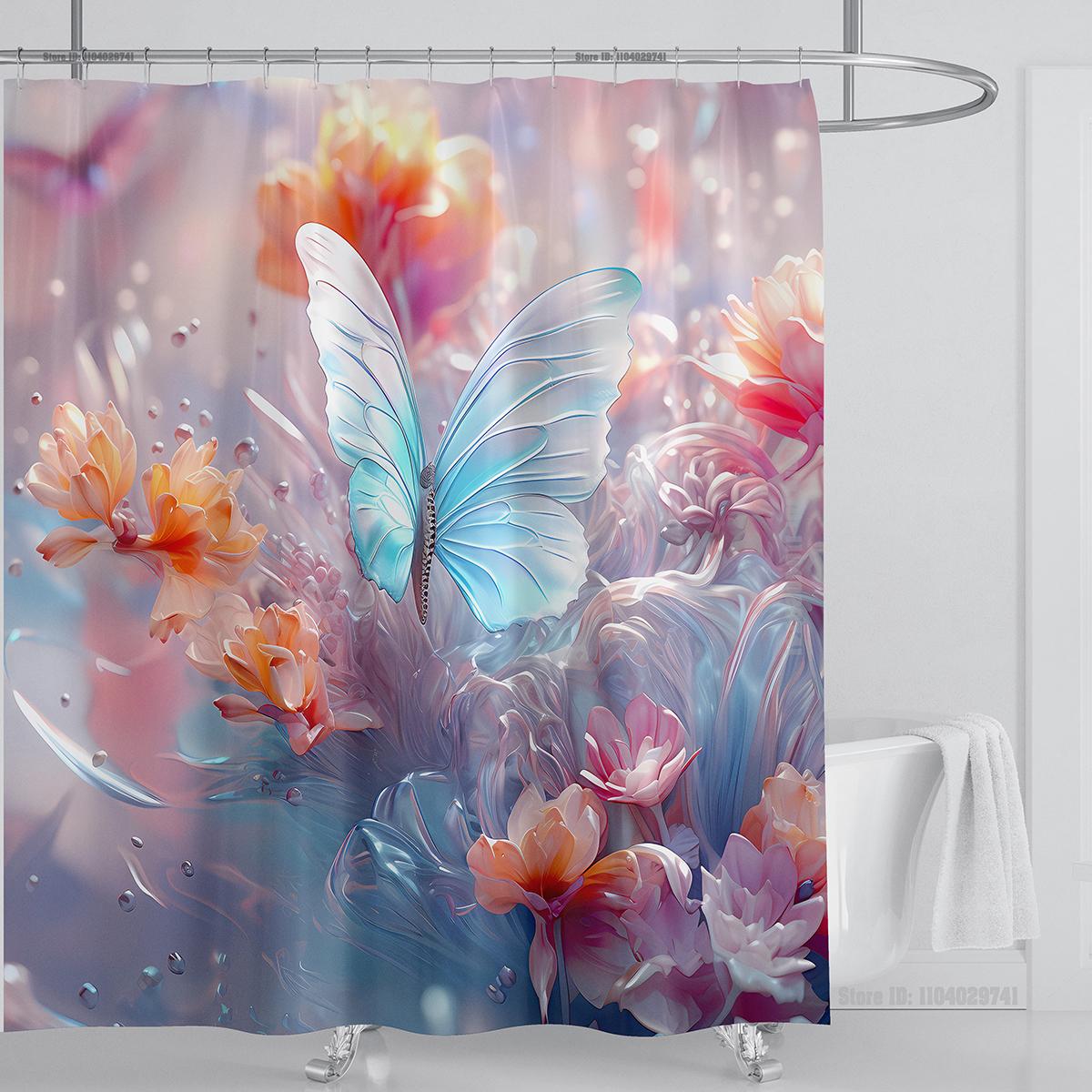 

3d красивая шторка для душа с бабочками водонепроницаемая полиэстеровая ткань шторка с 3D-печатью украшение для ванной комнаты с крючками W90xH180cm