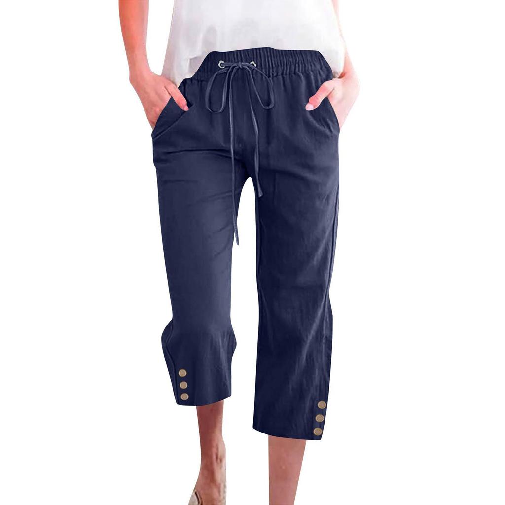 Spring Solid Color Cotton Linen Drawstring Cropped Pants