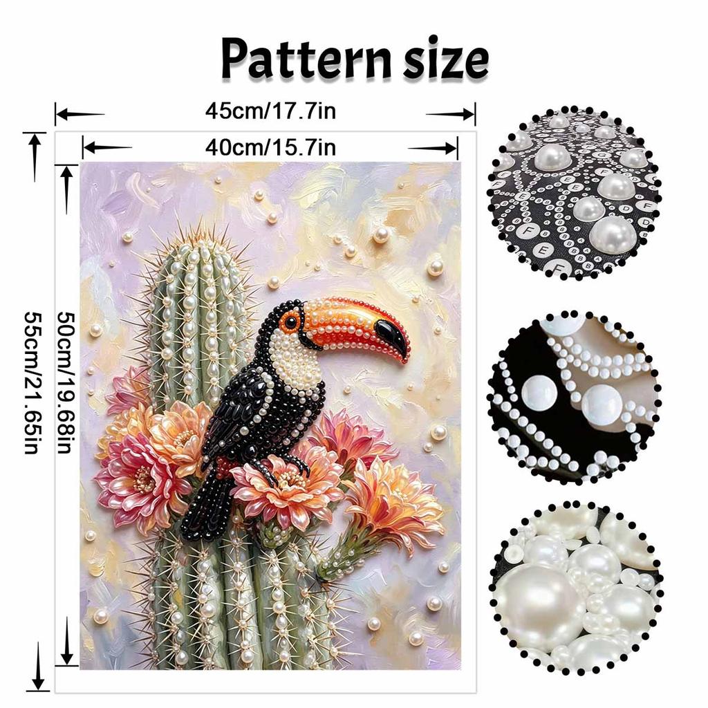 Relaxing DIY Pearl Painting Kit Framed with Toucan Cactus Design 5D Sparkling Bead Canvas Craft for Girls Bedroom Decor Art Gift
